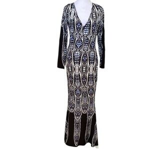 VENUS Black and White Long Sleeve V-Neck Cocktail Gown size S